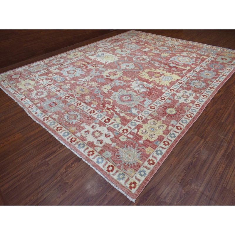 Tapis rouge en laine noué à la main 11 pi 7 po x 14 pi 6 po Katarena