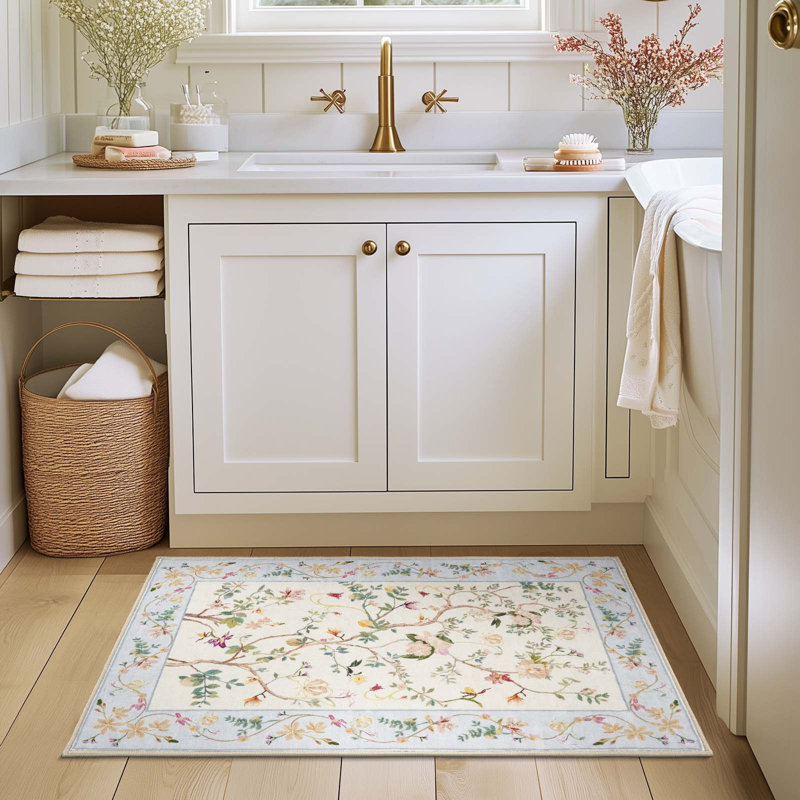 Tapis chinois à motif floral chinois lavable antidérapant beige / bleu, Rectangulaire 2 pi x 3 pi, Beige/bleu