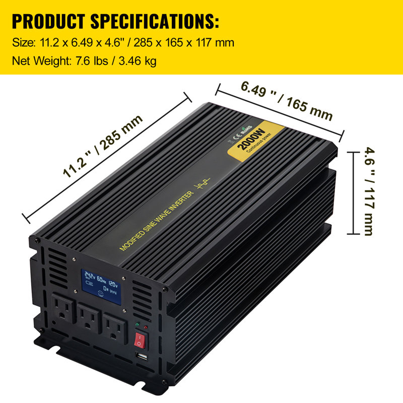 Onduleur de puissance, onduleur sinusoïdal modifié de 2000 W, courant continu 24 V à CA
