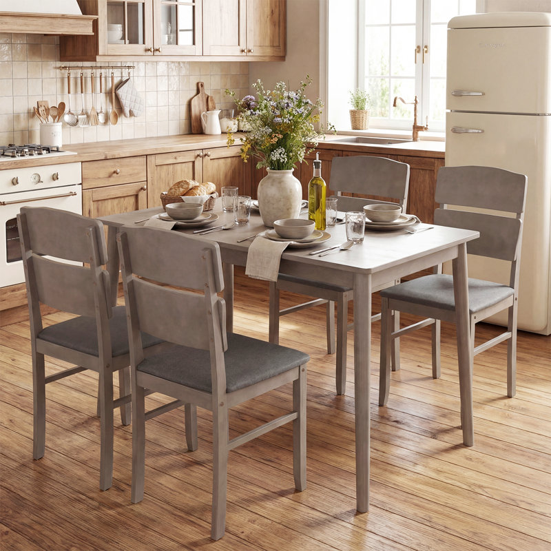 5PCS Dining Table Set with 4 Upholstered Chairs 1 Rectangular Table for Dining Room Gray