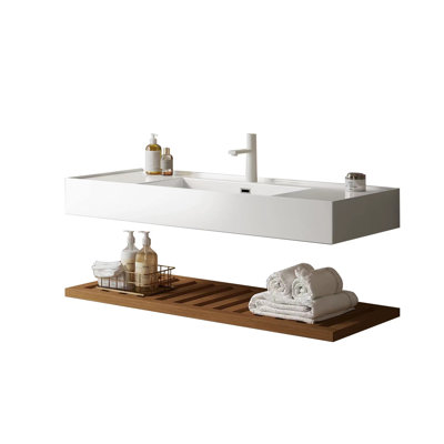 Meuble-lavabo 48 po avec lavabo vasque Lede, lavabo intégré mural flottant rectangulaire en acrylique blanc sans robinet, tablette rayée, noyer foncé 