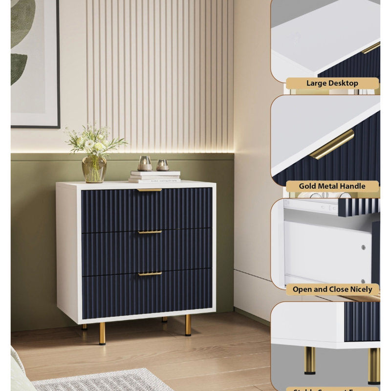 Modern 3 Drawer Chest Of Drawers, Side Table For Hallway, Room, With Smooth - Running Drawers And Metal Tall Legs White Navy Blue Chest, Fluted , Spacious Easy To Open, Suitable Bedroom Use