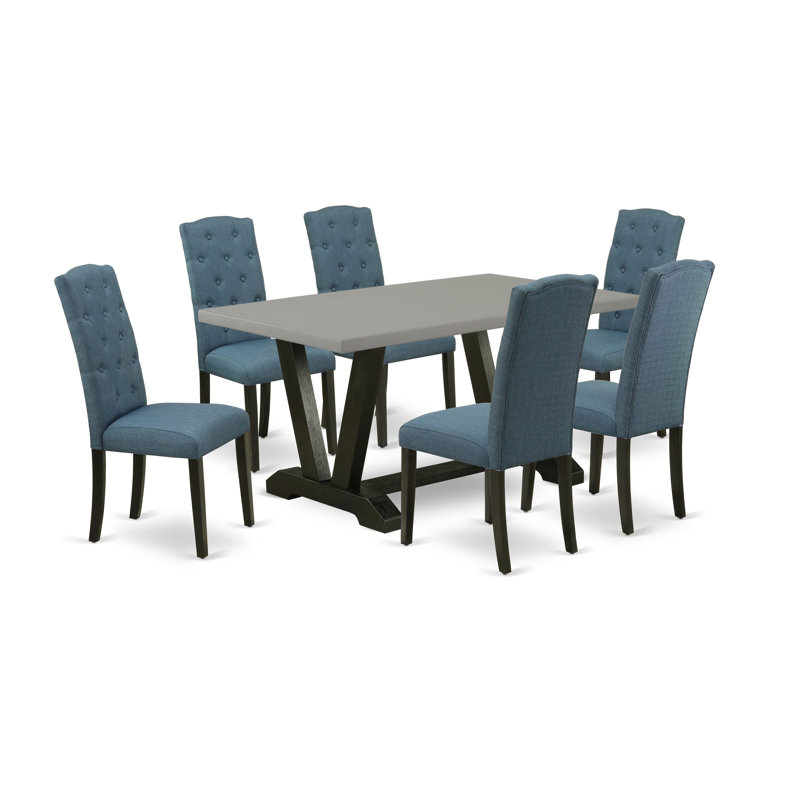 Ensemble de table de cuisine 7 pièces - 6 chaises de salle à manger bleues et une table de cuisine moderne en ciment - Finition noire brossée