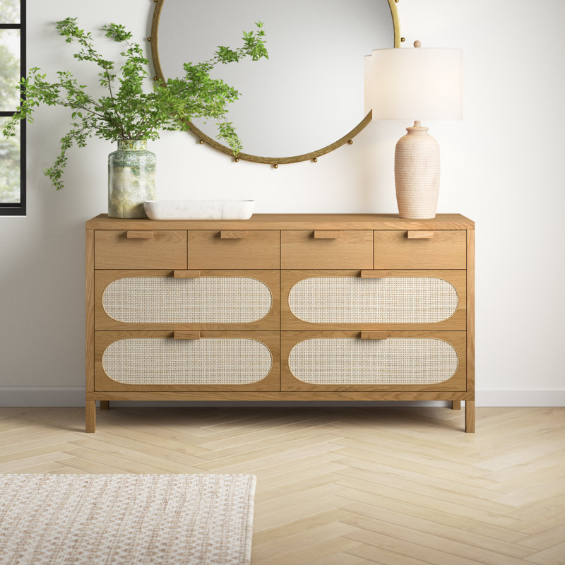 Alder Short Silhouette 8-Drawer Oak and Cane Dresser