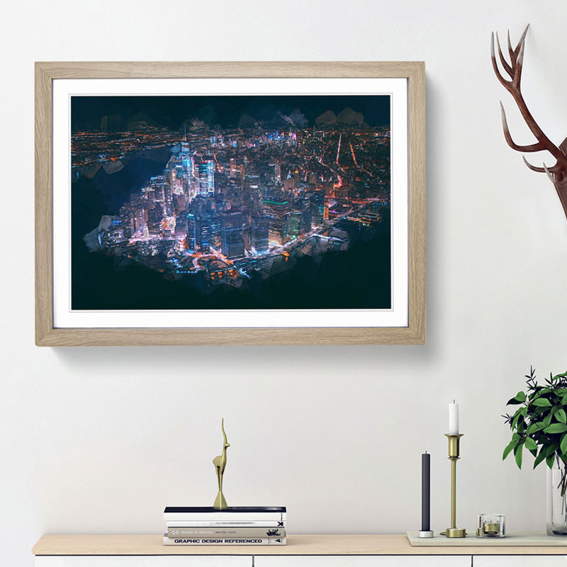 The Lights of New York City in Abstract - Picture Frame Graphic Art Print, 27cm H x 36cm W x 2cm D, Oak Framed