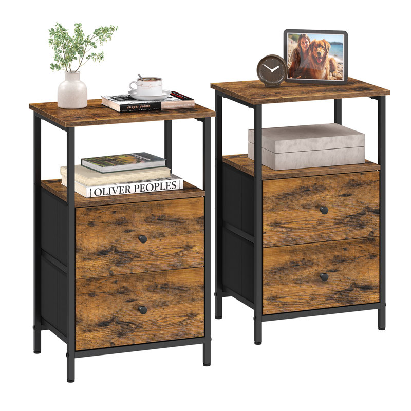 Side Table With 2 Fabric Drawers And Storage Shelf, Black/Brown, Set of 2