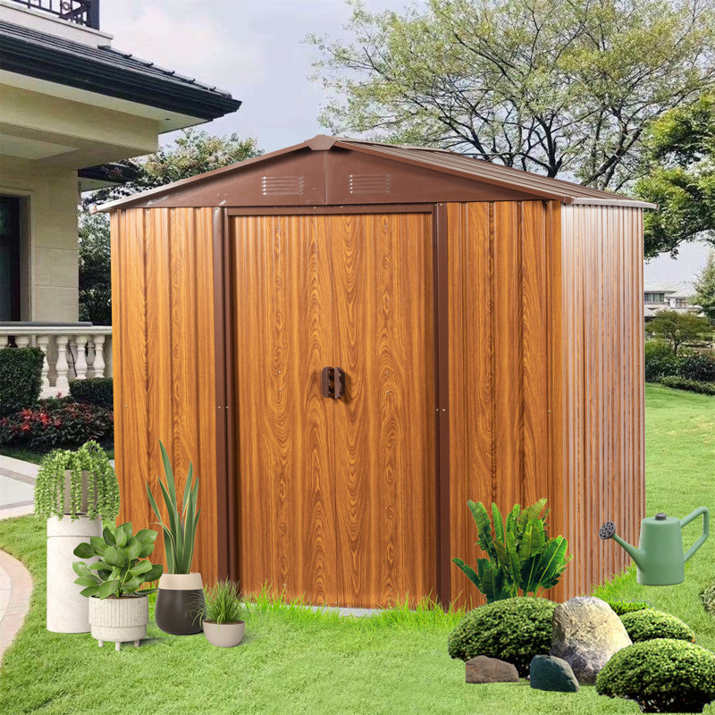 Plastic Storage Shed,Metal Storage Shed with Vents and Sliding Doors, Brown, 6' H x 5.7' D