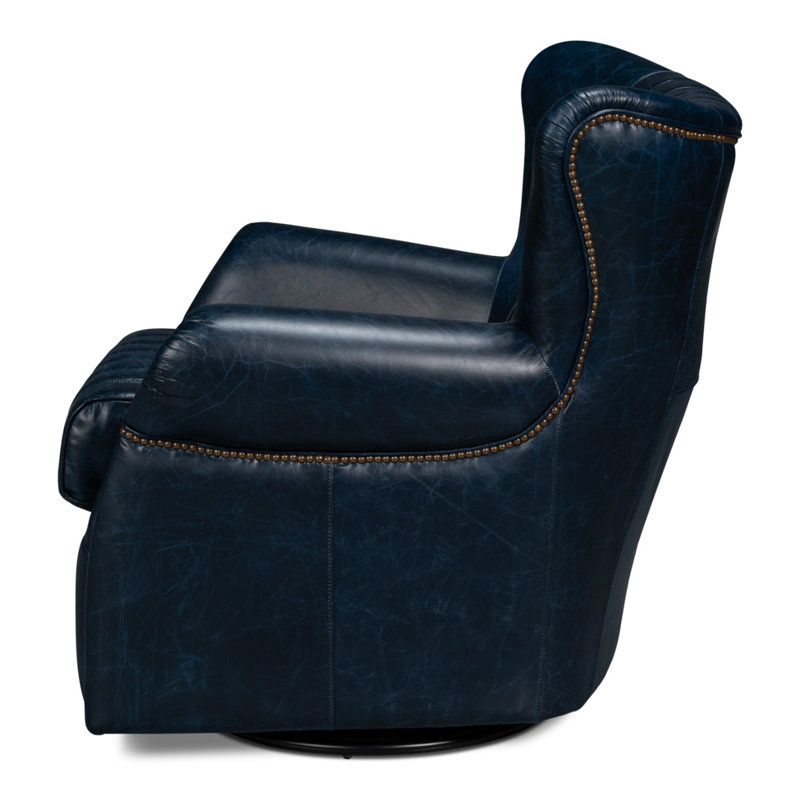 Bugatti Swivel Club Chair, Chateau Blue Genuine Leather