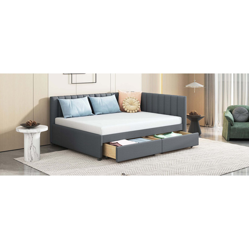 Upholstered Daybed with 2 Storage Drawers Sofa Bed Frame No Box Spring Needed, Linen Fabric