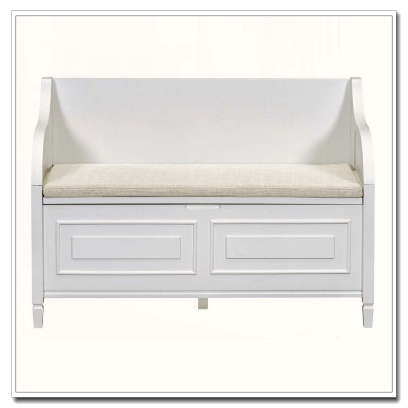 Banc de rangement en bois massif rustique avec charnière de sécurité et coussin amovible, Blanc