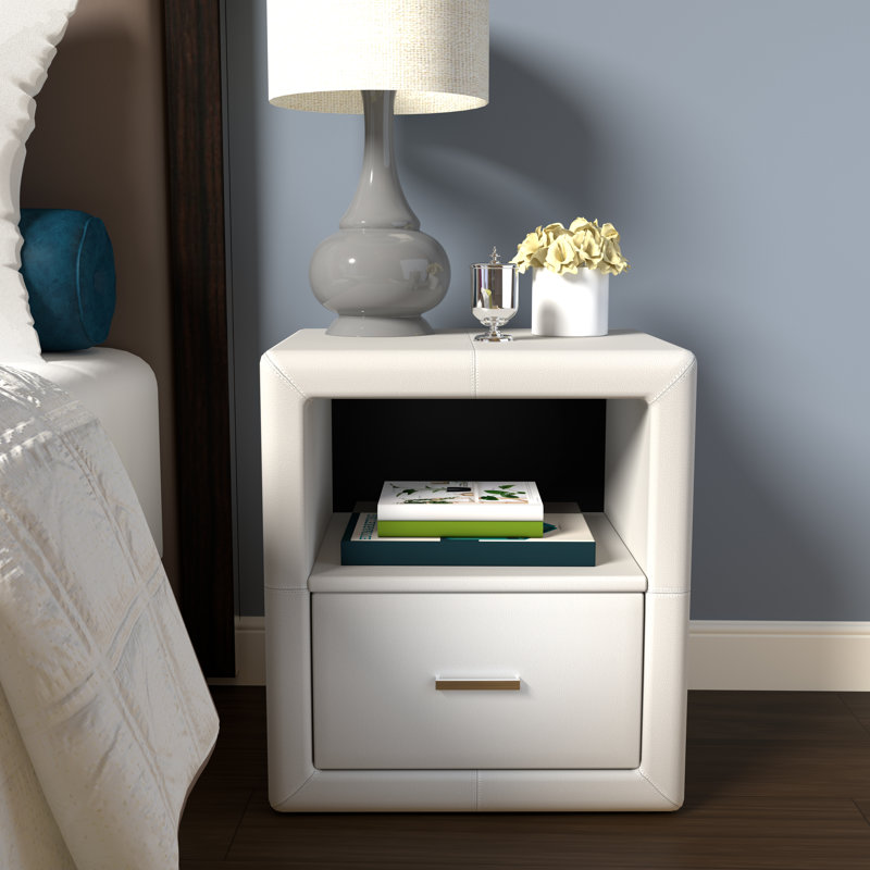 Manhattan Upholstered Faux Leather Nightstand-Pre Assembled Low Profile End Table, White