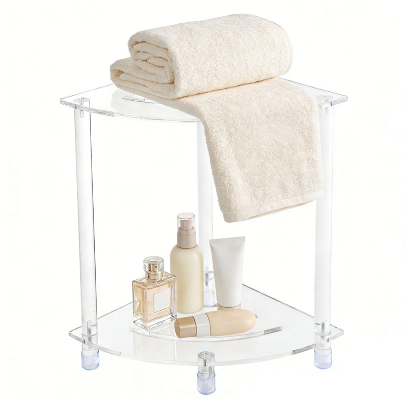 Corner Shower Bench Clear Acrylic Shower Stool 2-Tier Compact Triangular Shower Bench with Storage Shelf for Bathroom Corner Space Saving
