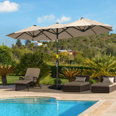 Grand parasol d'extérieur de 9,5 pi avec double abri et inclinaison, manivelle, 3 bouches d'aération, 12 nervures, brun