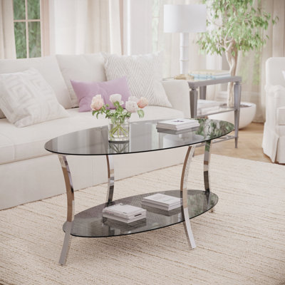 Table basse ovale moderne en verre de 43,3 po avec pieds en métal, verre trempé transparent, rangement à double couche de verre, table centrale de luxe pour le salon, la chambre à coucher et le bureau, argent