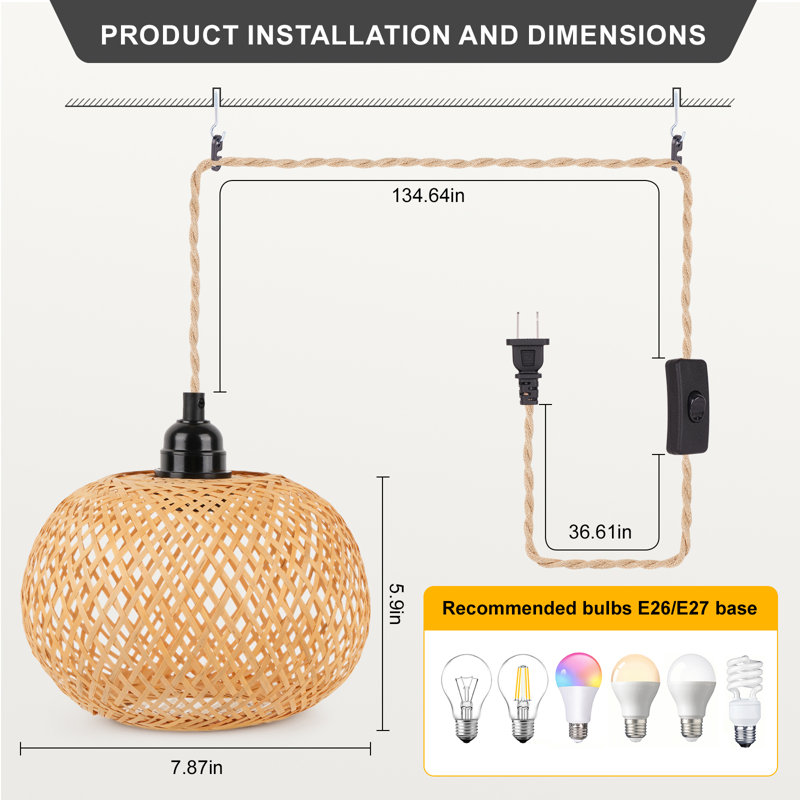 Boho Rattan Pendant Light With 15Ft Hemp Rope Switch