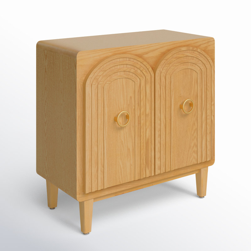 Bartlett Wooden Art Deco Inspired Carved Arch 2 Door Geometric Brown Cabinet with Gold Ring Handles