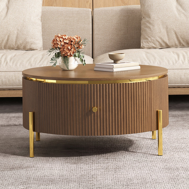 Table basse ronde moderne avec 2 grands tiroirs de rangement, brun, 31,5 po, Brun, Brun, Bois