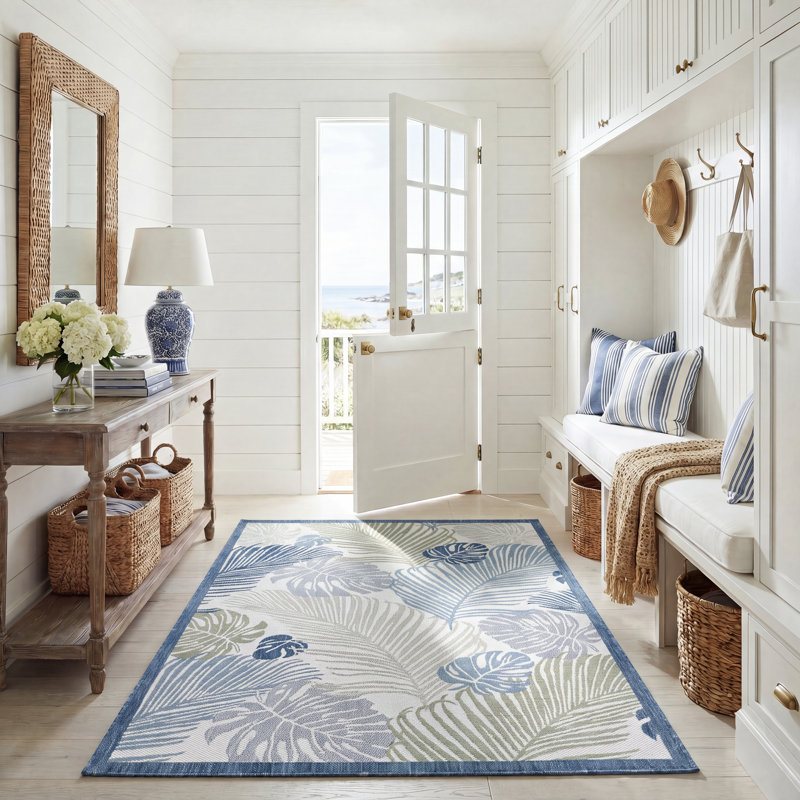 Tapis d'intérieur / extérieur tissé à la machine Aramantha - beige / vert / bleu / gris, Rectangle 5 pi 3 po x 7 pi 7 po