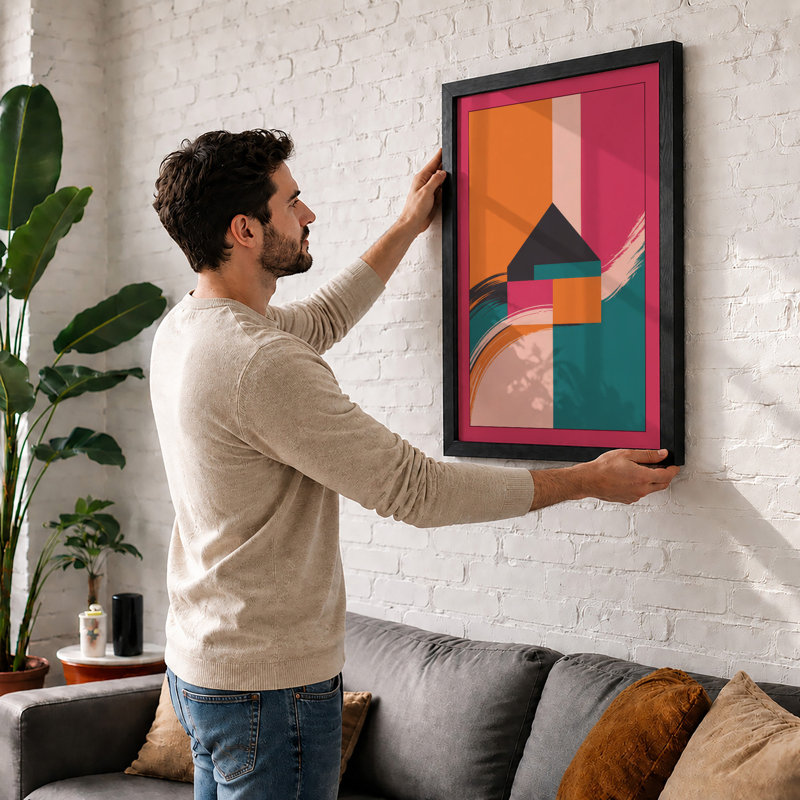 House and Triangle Geometric - Framed Print, A3 - 42.0 x 29.7 cm, White