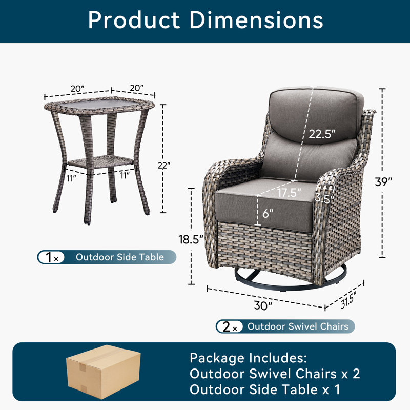 Patio Furniture Set With 6-Inch Thick Cushion, Outdoor High Back Swivel Rocker Patio Chairs, 3PCS Wicker Conversation Set For Deck Yard And Poolside