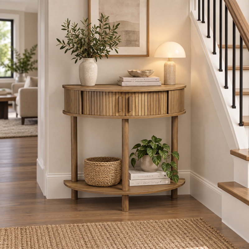 Console en demi-lune de 80 cm de large avec tablette de rangement et pieds en bois massif, table d'entrée moderne