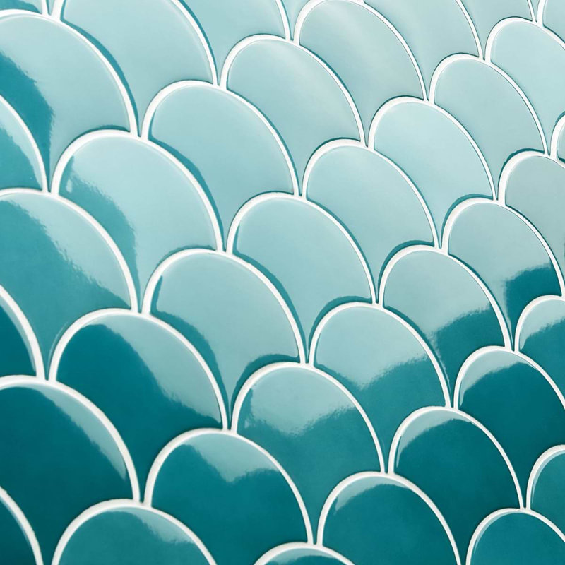 Highwater 5" Fish Scale Polished Ceramic Tile, Teal