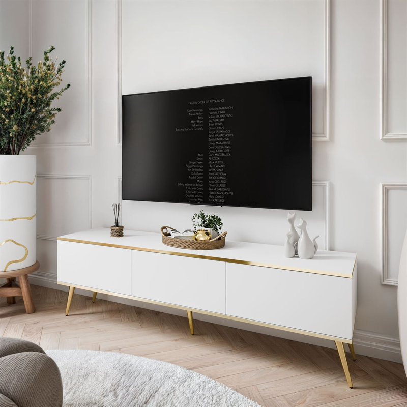 OXFORD III TV Stand with Golden Legs, 53cm H x 175cm L x 32cm W, White