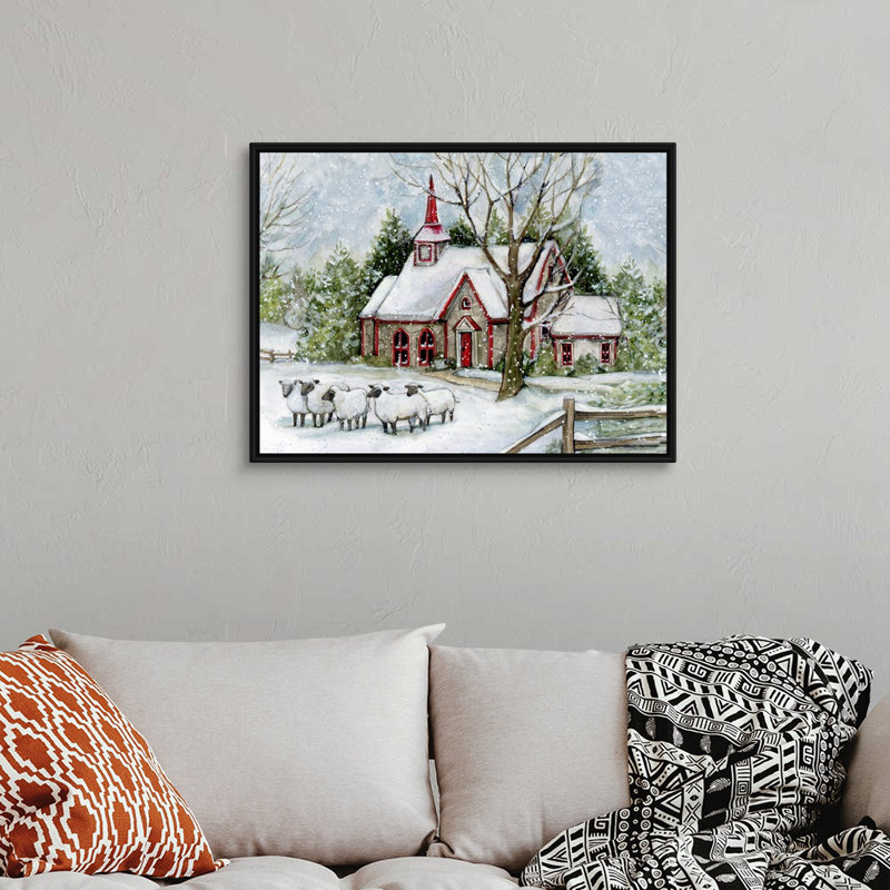 «Snowy Church with Sheep» par Susan Winget - peinture sur toile tendue, H 25,25 po x l 33,25 po, Cadre noir