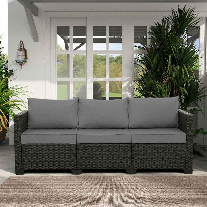 Ailina 79'' Wide Outdoor Wicker Patio Sofa with Anti-slip Cushions and Waterproof Cover, Black, Light Gray