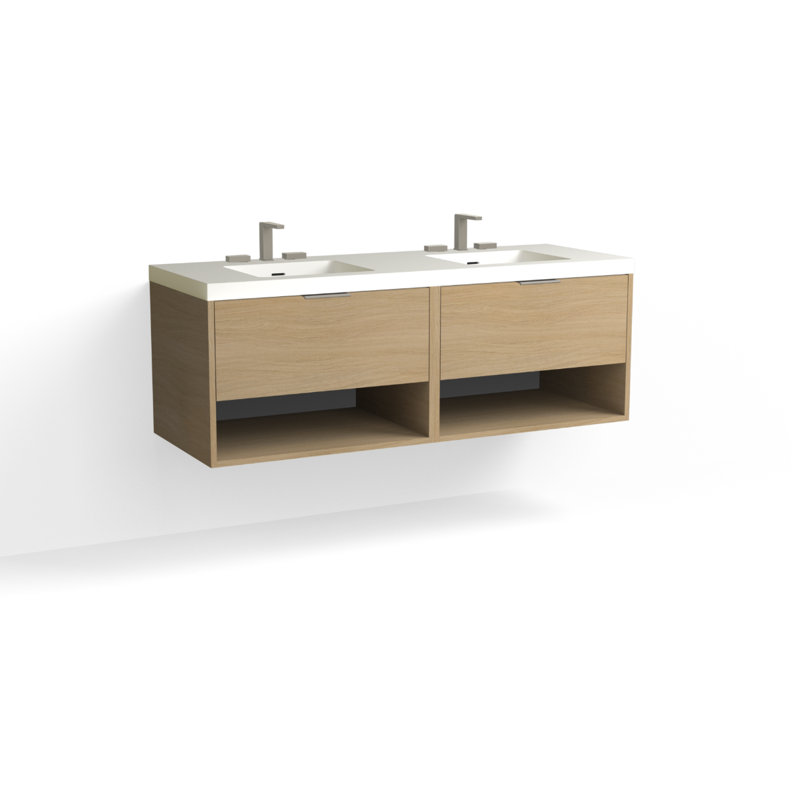 Modo 60" W Wall Mounted Double Bathroom Vanity, White Acrylic, Satin Nickel, Glossy White/Single