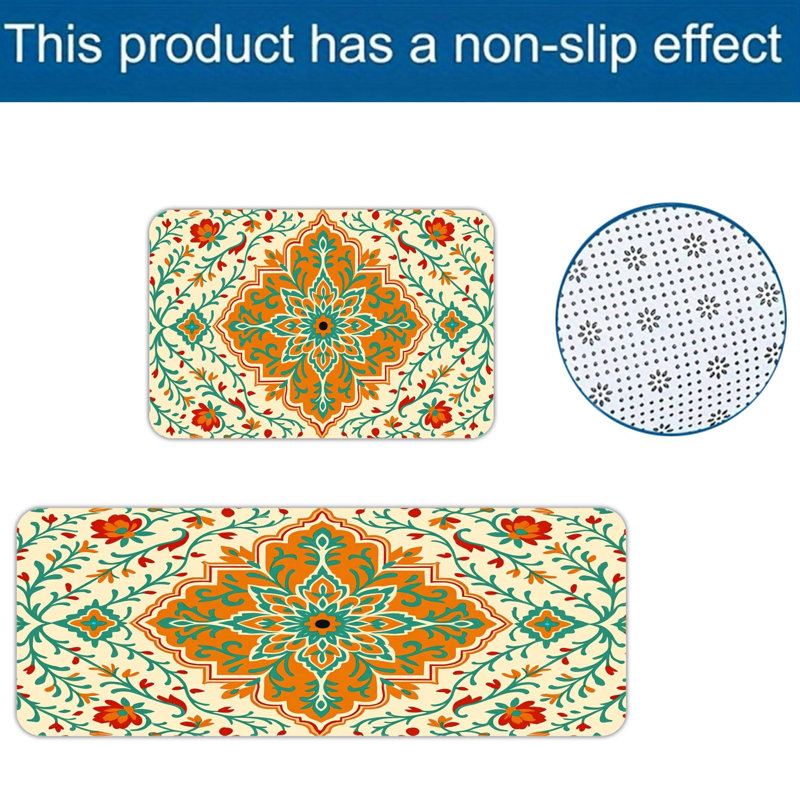 Tapis de cuisine bohémien à motif floral orange Mandala 2 pièces, décoration de cuisine bohémienne