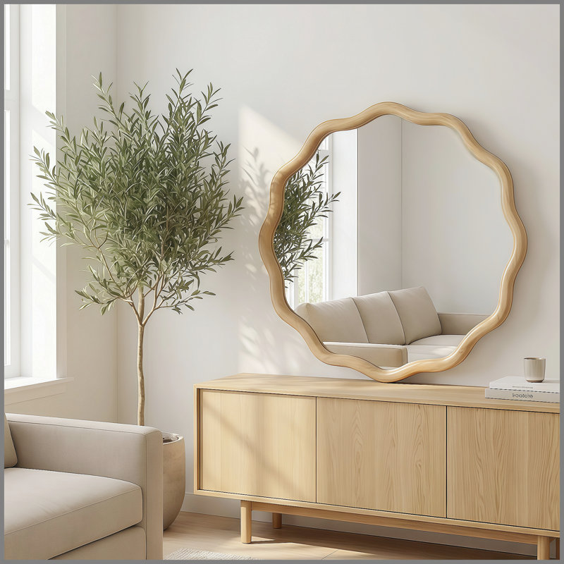 Miroir décoratif rond en bois massif ondulé de couleur chêne 24 pouces, H 24 po x l 24 po, Oak, Round