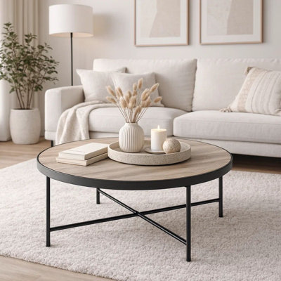 Industrial Round Coffee Table, Wooden Top with Metal Trim and X-Crossbar Metal Leg Support for Living Room