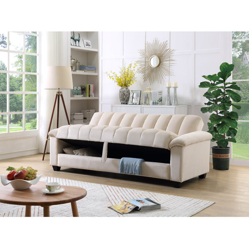 Canapé-lit double en velours avec rangement Biscuit, Velours beige, H 33,75 po x l 82,7 po x P 45,25 po