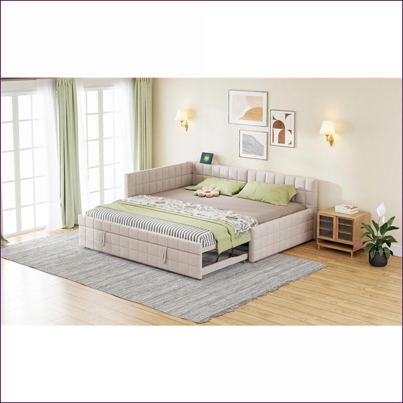 Full Size Upholstered L-Shaped Daybed with Twin Pop-Up Trundle &amp; USB Ports, Beige, Beige