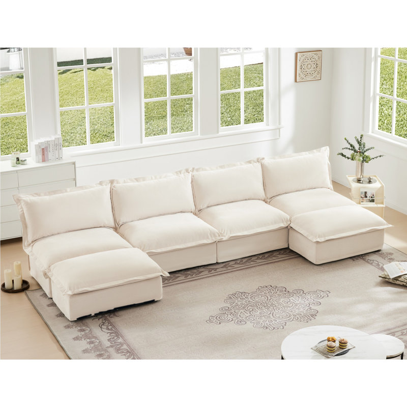 Canapé, repose-pieds en chenille, Crème, 4, H 34,6 po x l 55 po x P 146,4 po
