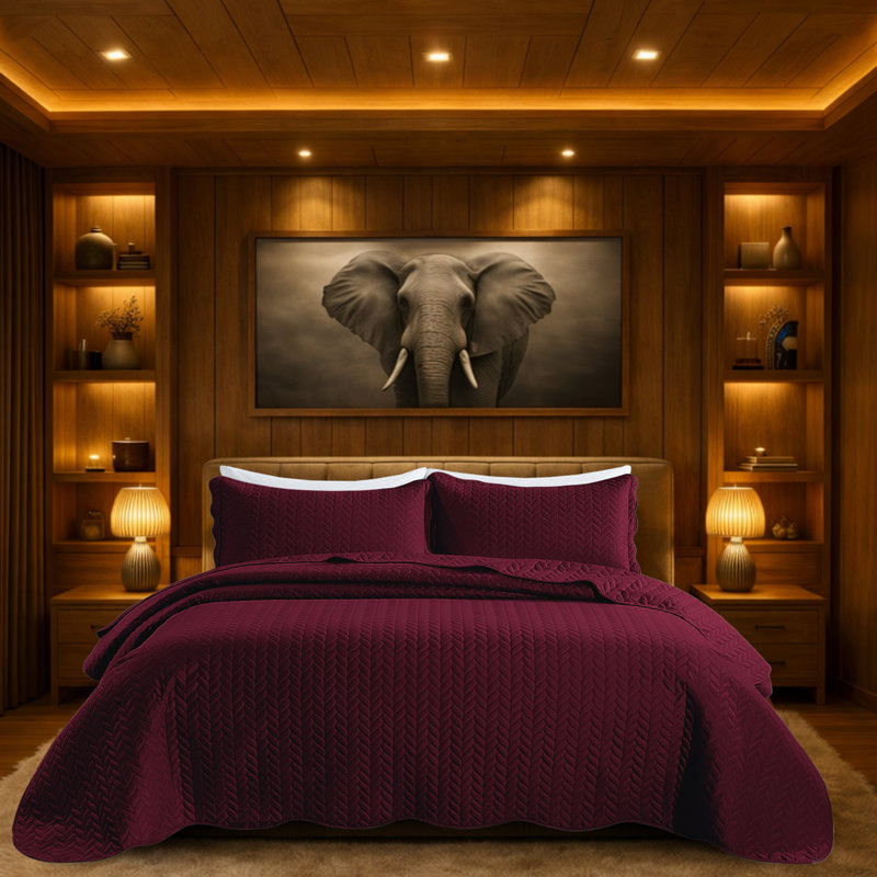 Microfiber Embossed Oversized Bedspread Set With Shams – Modern & Contemporary, Machine Washable, Dust-Resistant, Burgundy