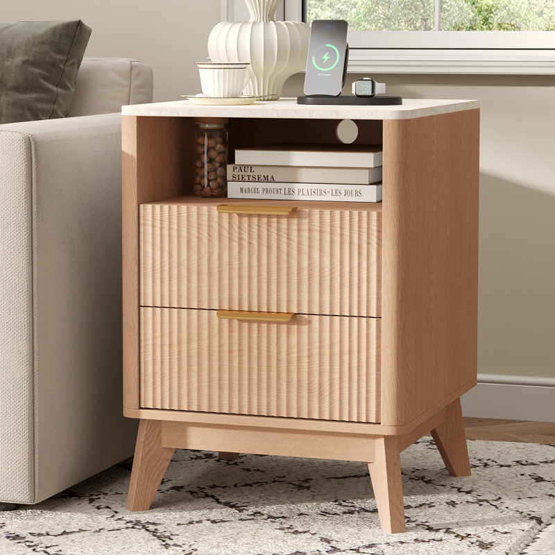 Table de chevet cannelée à 2 tiroirs avec station de charge et rangement, plateau en faux marbre Charvi, Ensemble de 1