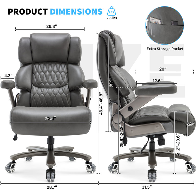 Big And Tall Leather Executive Office Chair Adjustable Ergonomic Desk Chair, Gray