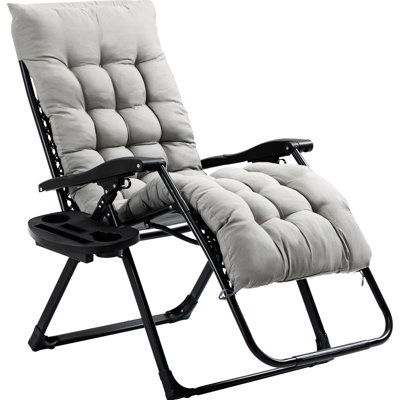 Folding Recliner, Gray, With Side Tray And Breathable Seat, 264lbs Capacity, Indoor Outdoor Chair Fabric