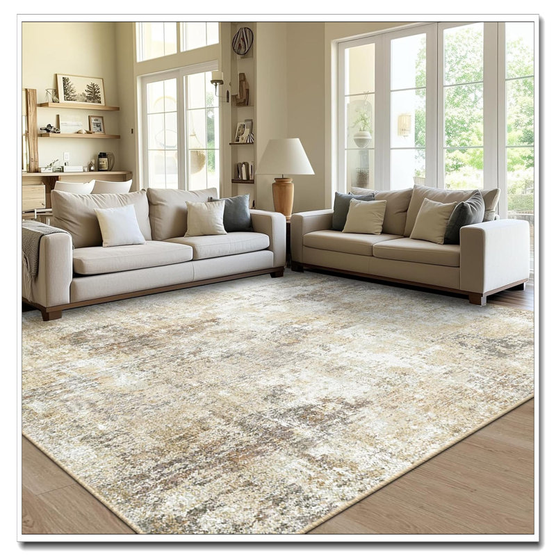 Tides Series 8'X10' Washable Non-Slip Rug - Modern Abstract Print (Dark Black Gold) | Effortless Style, Beige