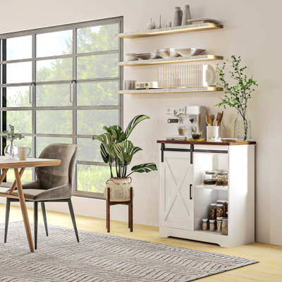 Buffet Farmhouse, buffet avec porte de grange coulissante et tablette réglable, armoire de cuisine