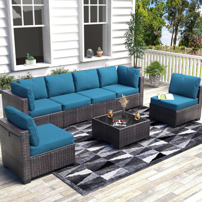 Ensemble de conversation modulaire 7 pièces pour patio, canapé en osier en forme de U avec coussins bleu paon et table, rotin brun foncé brillant pour terrasse de jardin, résistant aux intempéries