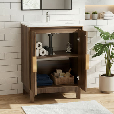 Medieval-Modern Style 24-Inch Bathroom Vanity Set, Walnut Wood Color, Ceramic Basin With Soft-Closing Door, U-Shaped Storage Shelf With Sink.