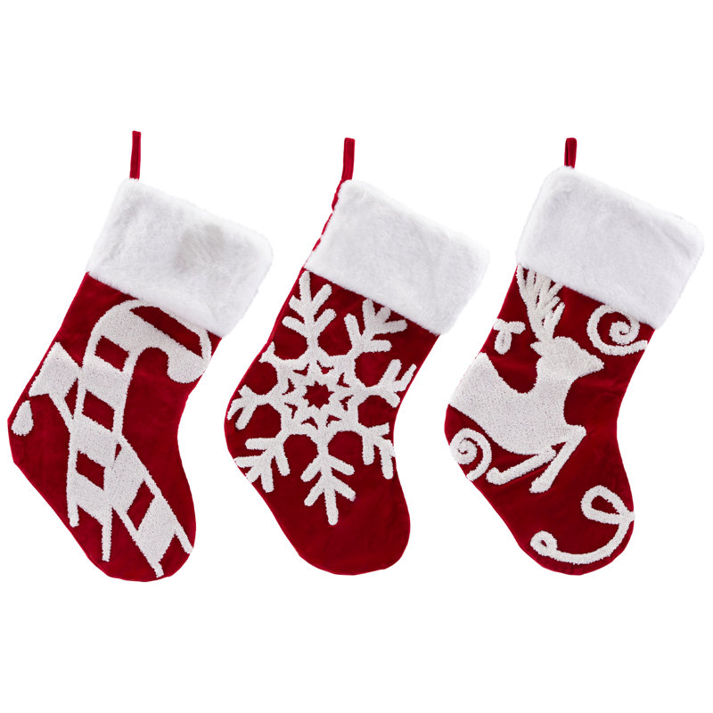 Bas de Noël brodé renne et flocon de neige - 20 po - ensemble de 3