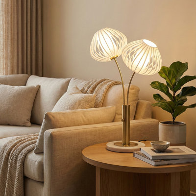 Bloom 2-Light Table Lamp - Weathered Brass, White Marble Base, White Satin Shade