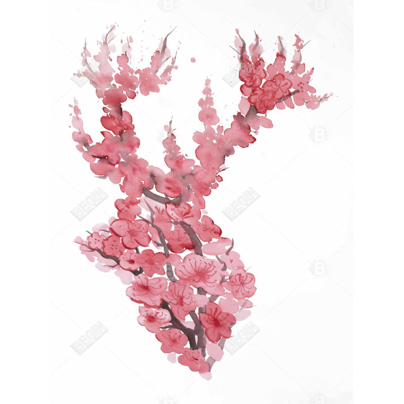 Art sur toile encadré, "Cerf avec cerisiers en fleurs"