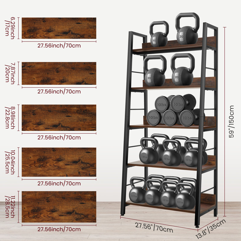Hasnath Ladder Bookcase, (5 Shelves) 59” H x 28” W x 14” D, Black/Brown