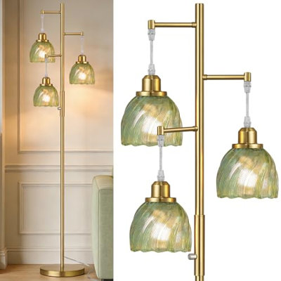 ROTTOGOON, lampes sur pied dorées à intensité variable pour le salon, lampe sur pied rétro avec abat-jour en verre, 3 lampes sur pied de style Mid-Century à fleurs pour chambre à coucher, bureau, abat-jour 6W, or brossé et vert