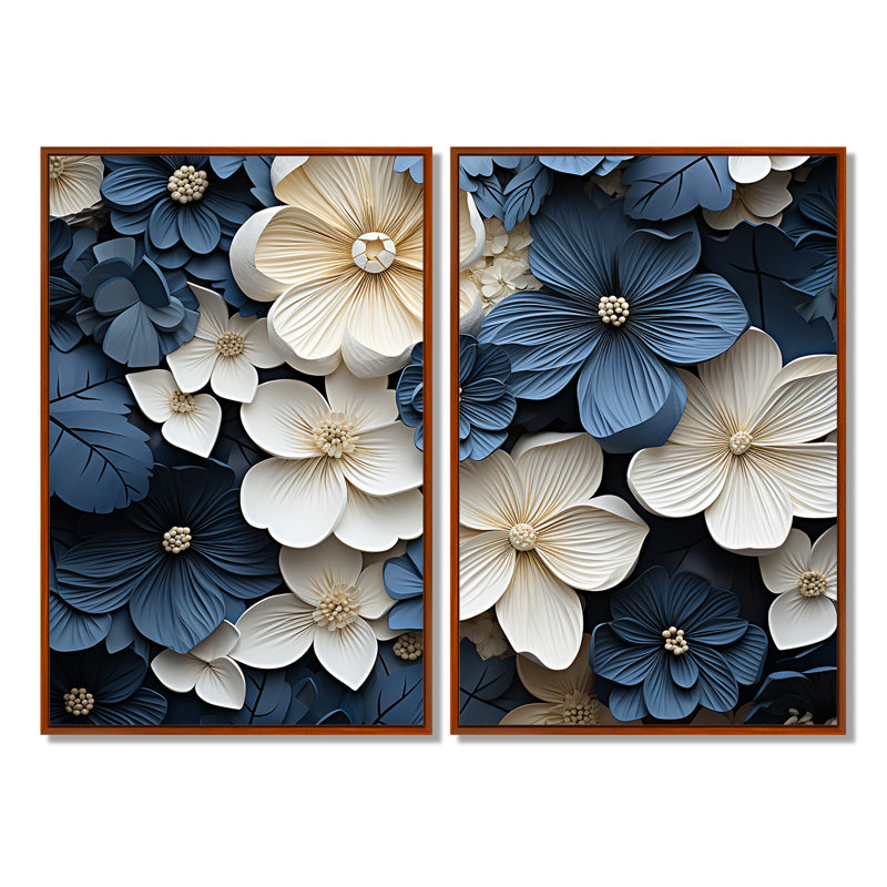 Violettes ornées bleues et blanches - impressions d'art bleues sur toile, Brown, 36" H x 48" W, Impression encadrée flottante